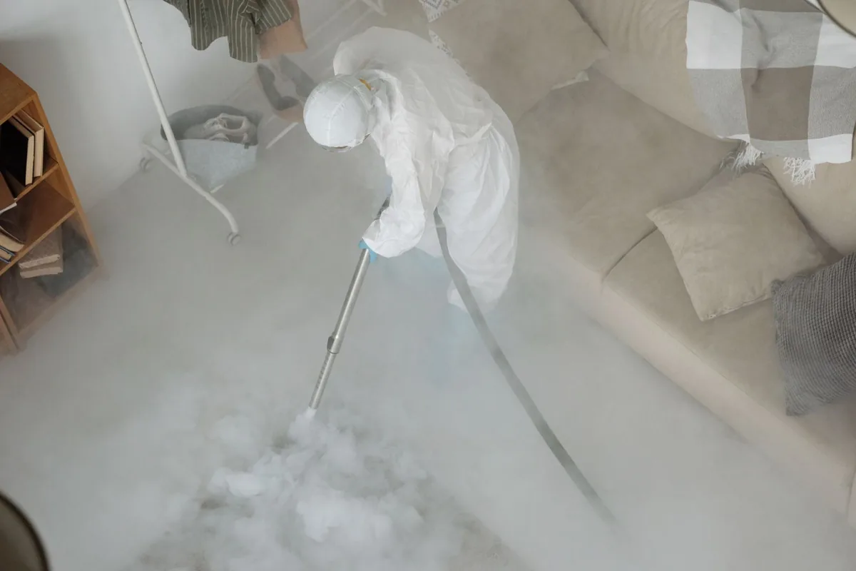 Biohazard cleanup technician in protective equipment, South Charleston, WV